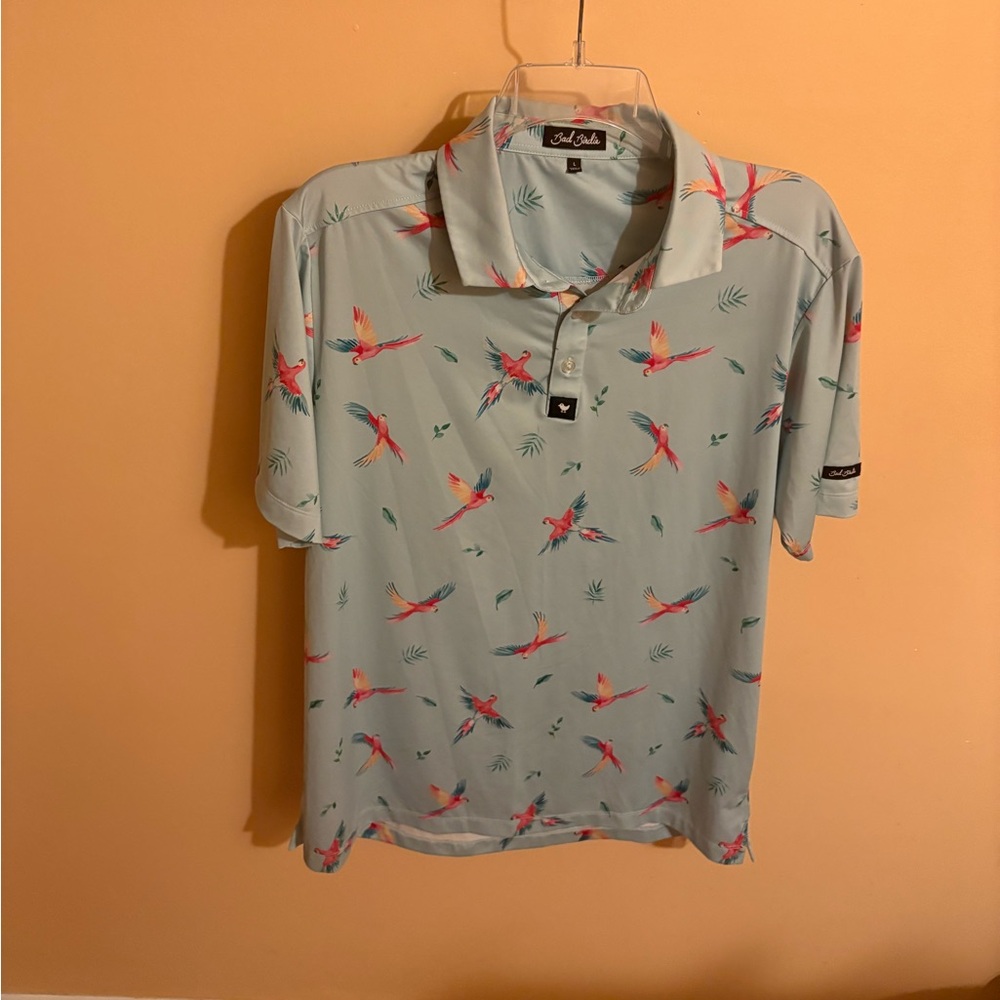 Bad Birdie mint parrot print polo shirt